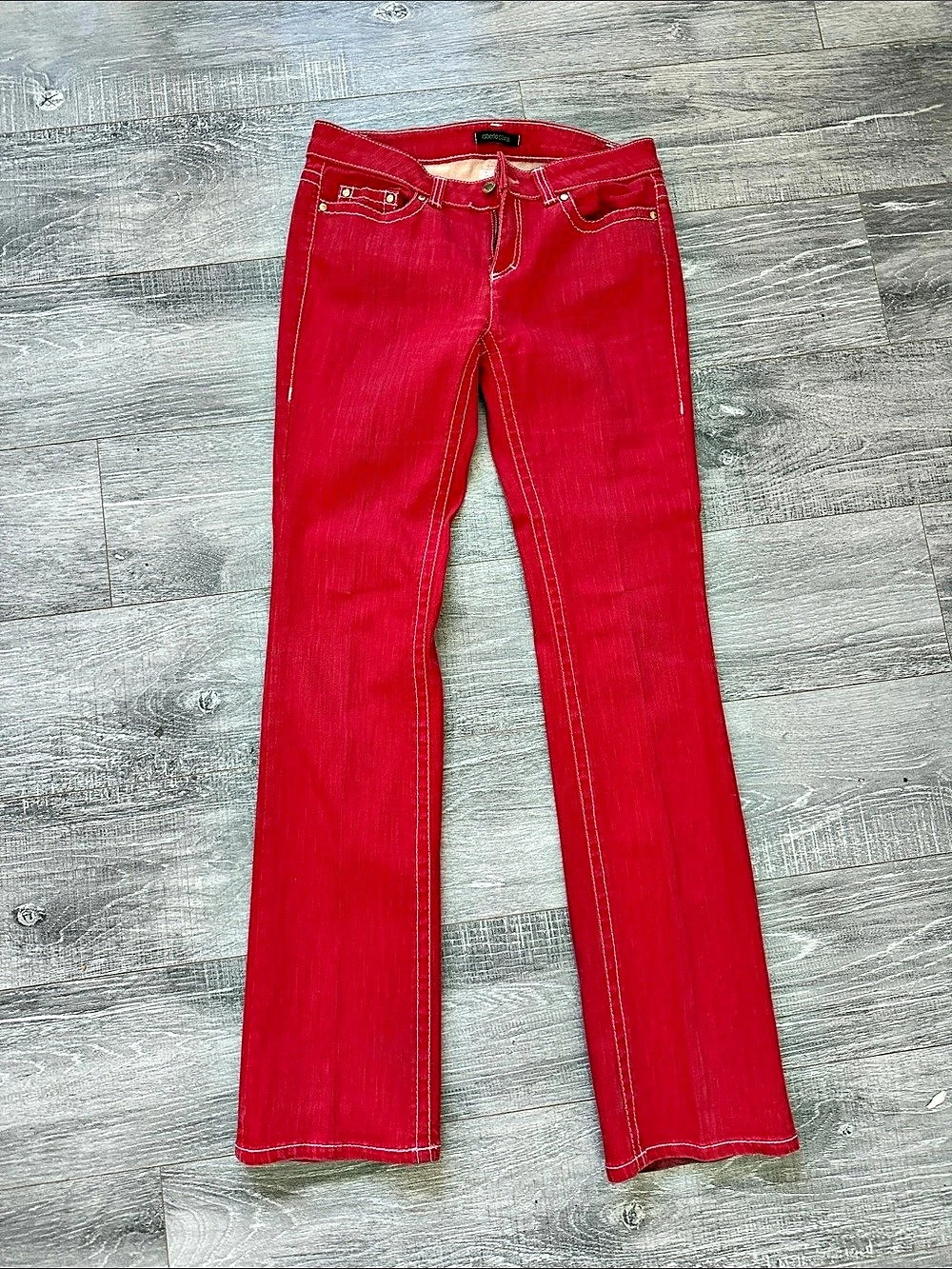 Roberto Cavalli Red Denim Flare Jeans with Leopard Lining Red Bootcut Jeans